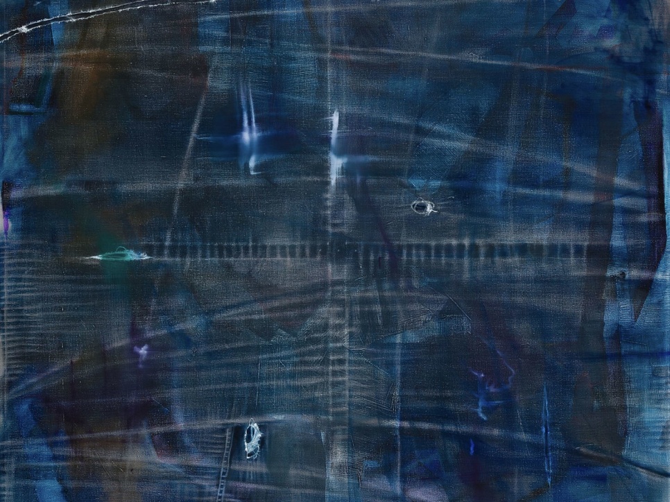Blue abstract painting depicting textures of denim fabric