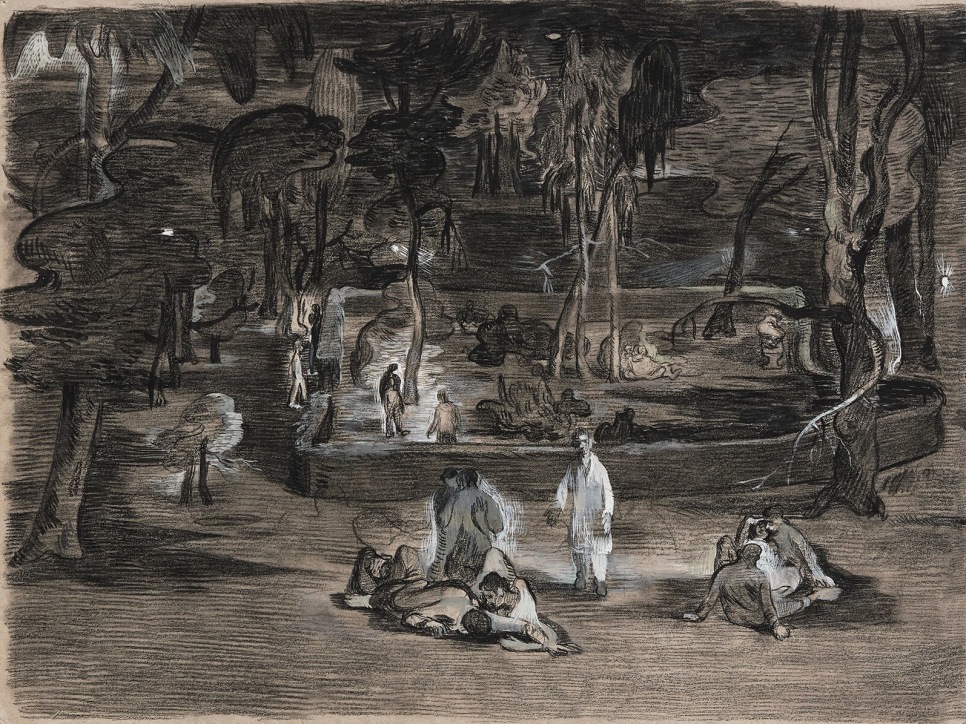 Charcoal and white drawing of an outdoor park scene