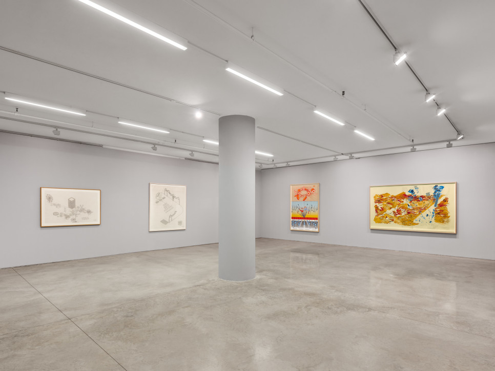 Installation view of "Alice Aycock: Works on Paper" showing four prints in a gray room.