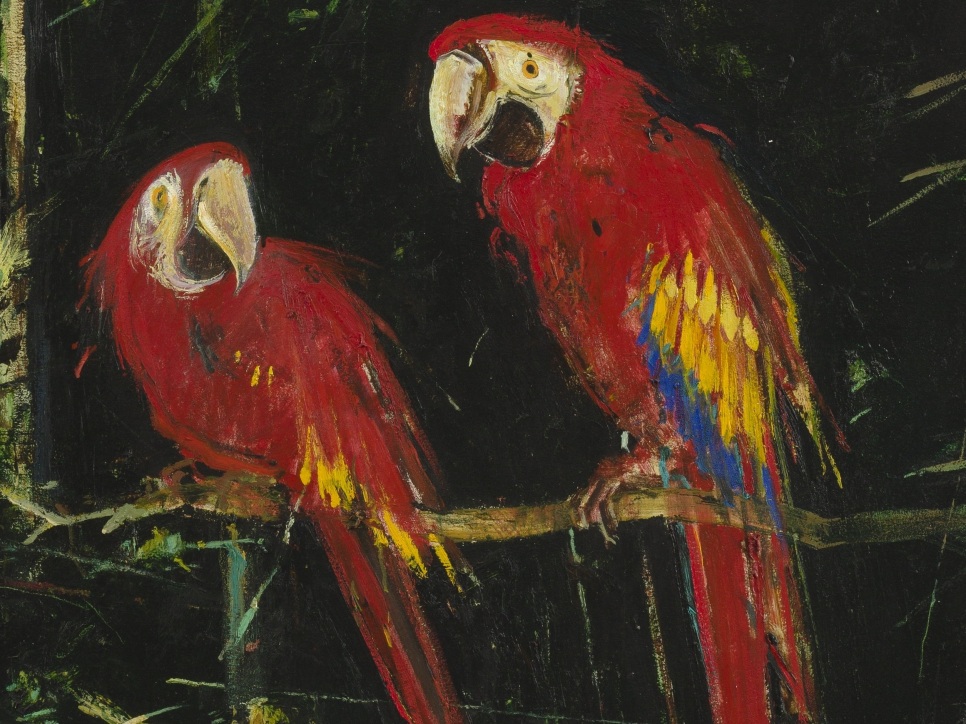 detail of oil painting by John Alexander featuring small blue and yellow bird and two large red parrots perched on branches in jungle setting
