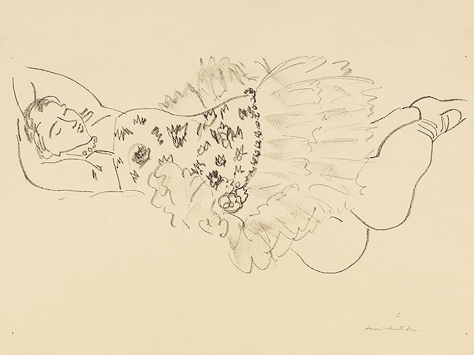 Henri Matisse lithograph featuring a sketch of a woman wearing a dress laying down with her arms crossed behind her head 