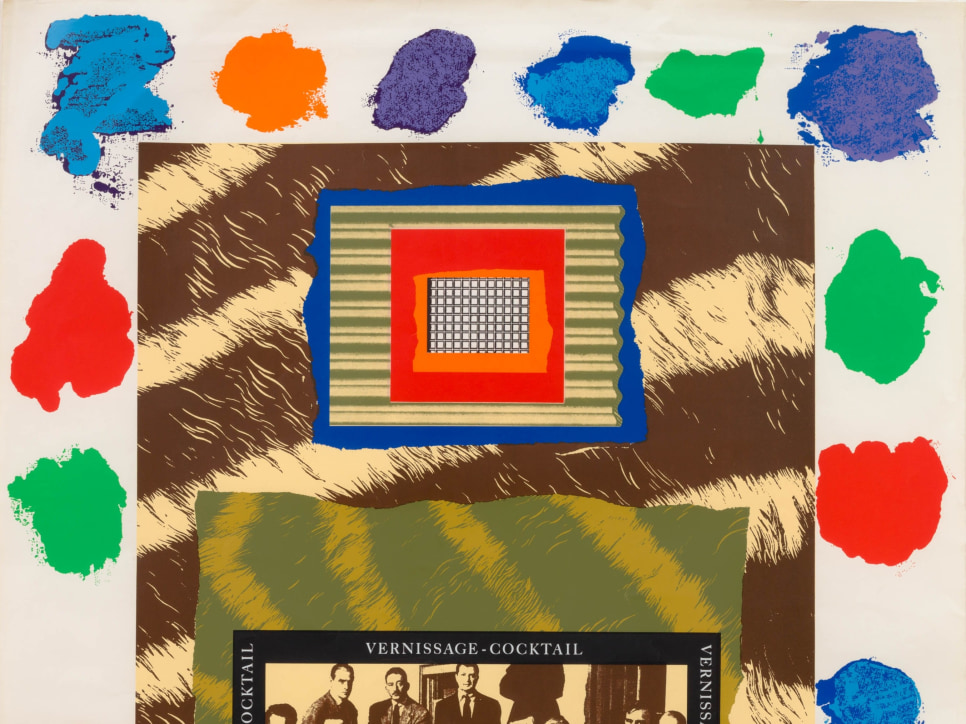 silkscreen by R.B. Kitaj with a frame of multiple color splotches and featuring a photograph of a group of men with caption: "Irascible group of advanced artists led fight against show" and "vernissage-cocktail"