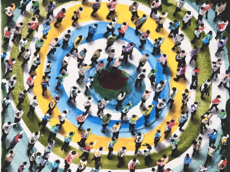 Juan Genovés print depicting a birds-eye view of a crowd of figures standing over blue, yellow, and green rings