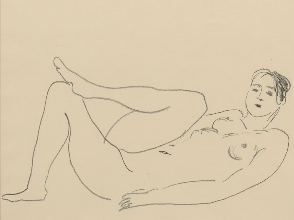 Henri Matisse lithograph featuring a sketch of a woman wearing a dress laying down with her arms crossed behind her head 