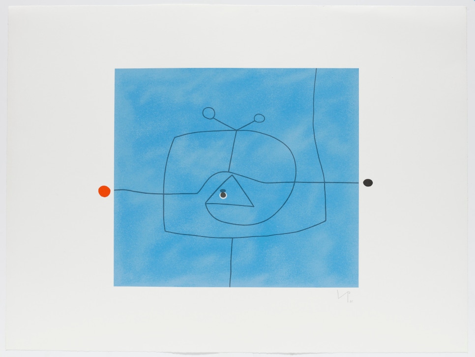 A blue Victor Pasmore screenprint featuring continuous black lines and two circles outside of the composition, one red and one black