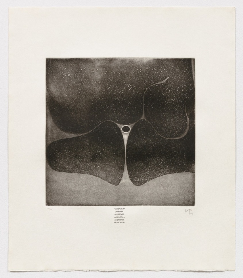 A black and grey etching by Victor Pasmore pasmore featuring organic forms surrounding a centered circle with text below the composition