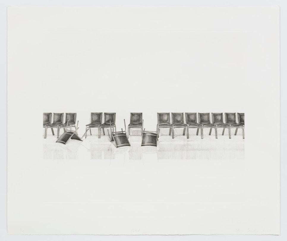 Etching of a continuous row of chairs, three of which have fallen over by Clive Smith