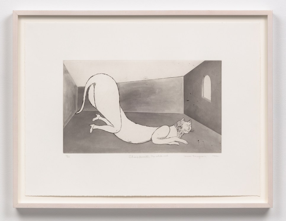 A Louise Bourgeois drypoint, etching and aquatint depicting a cat wearing heels in a room with its rear end up in the air