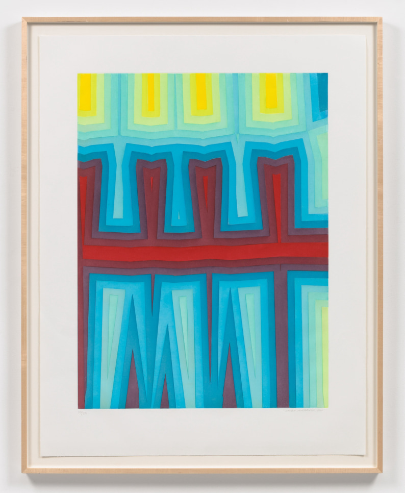 Color aquatint etching by Tauba Auerbach featuring a colorful geometric sequence of blues with yellow and red accents