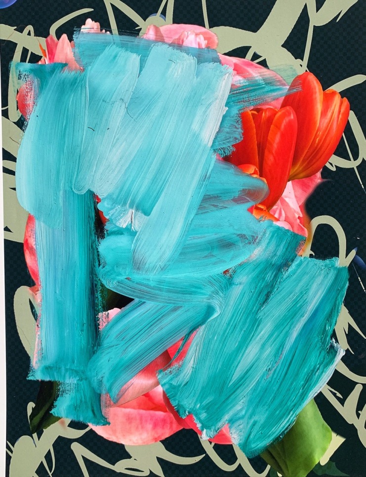 Abstract painting with wide, layered, brightly-coloured brushstrokes on a black background by Alexandra Penney