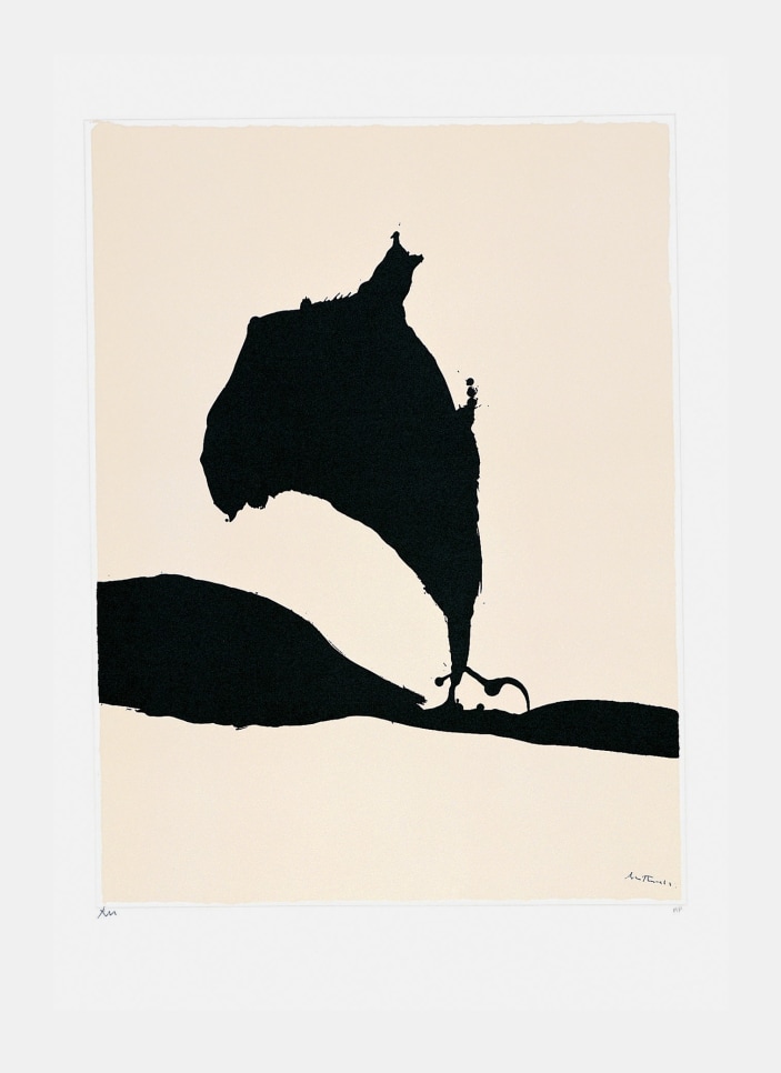 Black screen print of an abstract shape on white paper by Robert Motherwell