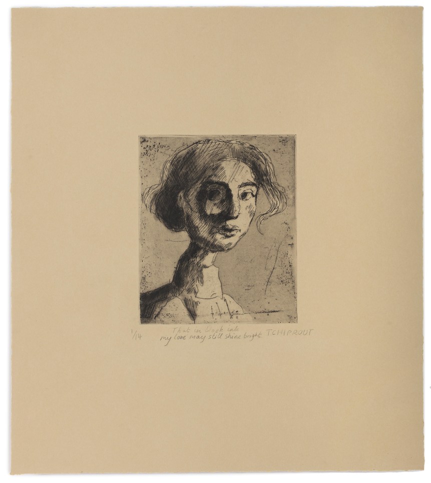 A Liorah Tchiprout etching and aquatint depicting the face of a woman on tan paper