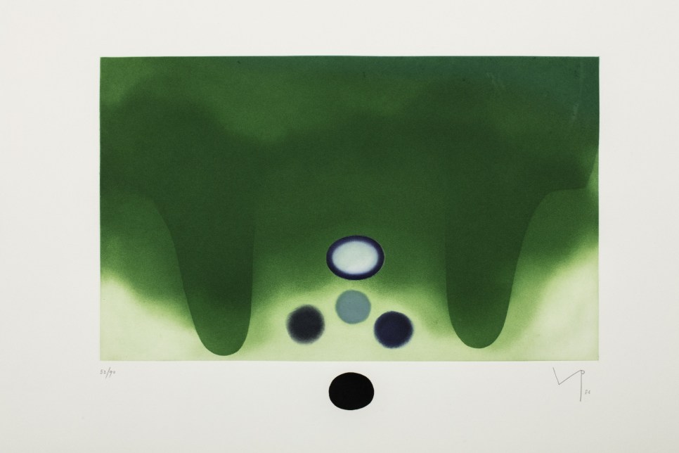A green etching and aquatint with organic colored shapes and forms by Victor Pasmore
