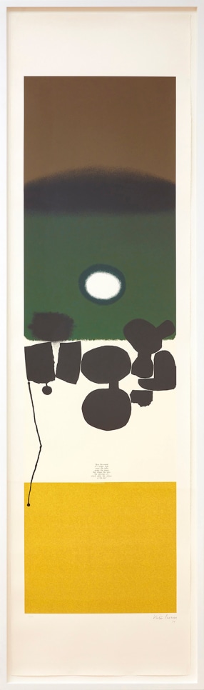A Victor Pasmore screenprint featuring earth tones and organic shapes with text near the center of the composition