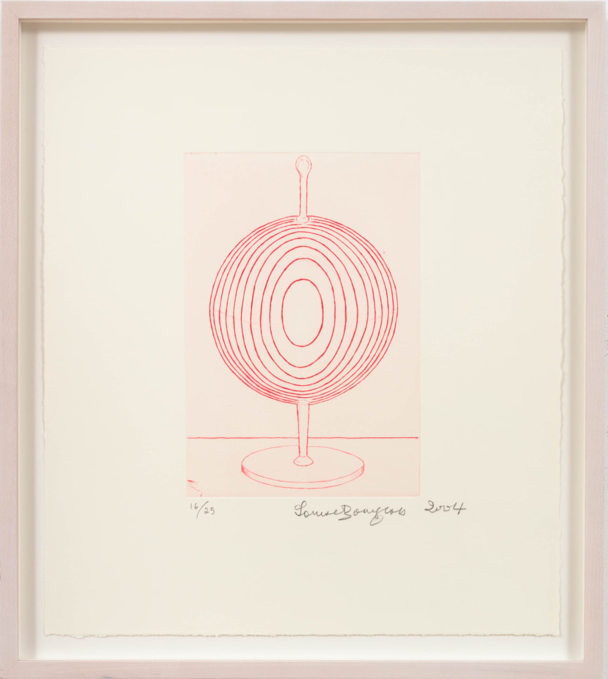 A red drypoint by Louise Bourgeois featuring a sphere with north and south poles on a circular pedestal 