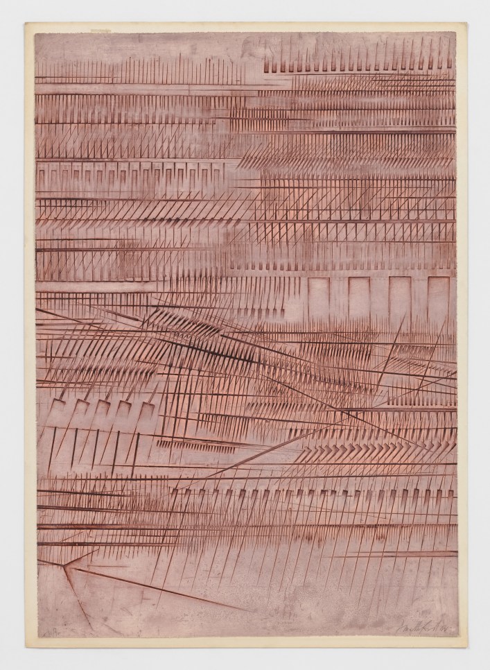 Detailed etching with embossing on pink copper and Epoxy plate by Arnaldo Pomodoro