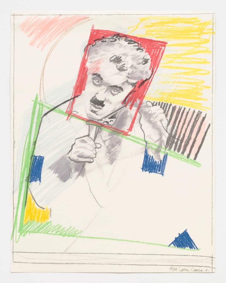 A Larry Rivers silkscreen depicting the face and upper body of a man with colorful, gestural lines and color blocking on a cream sheet