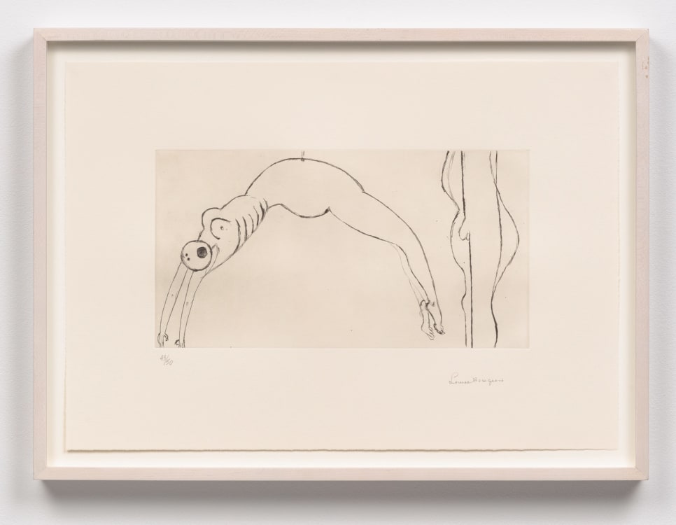 A Louise Bourgeois drypoint depicting one horizontal figure hanging from its stomach, and a vertical figure