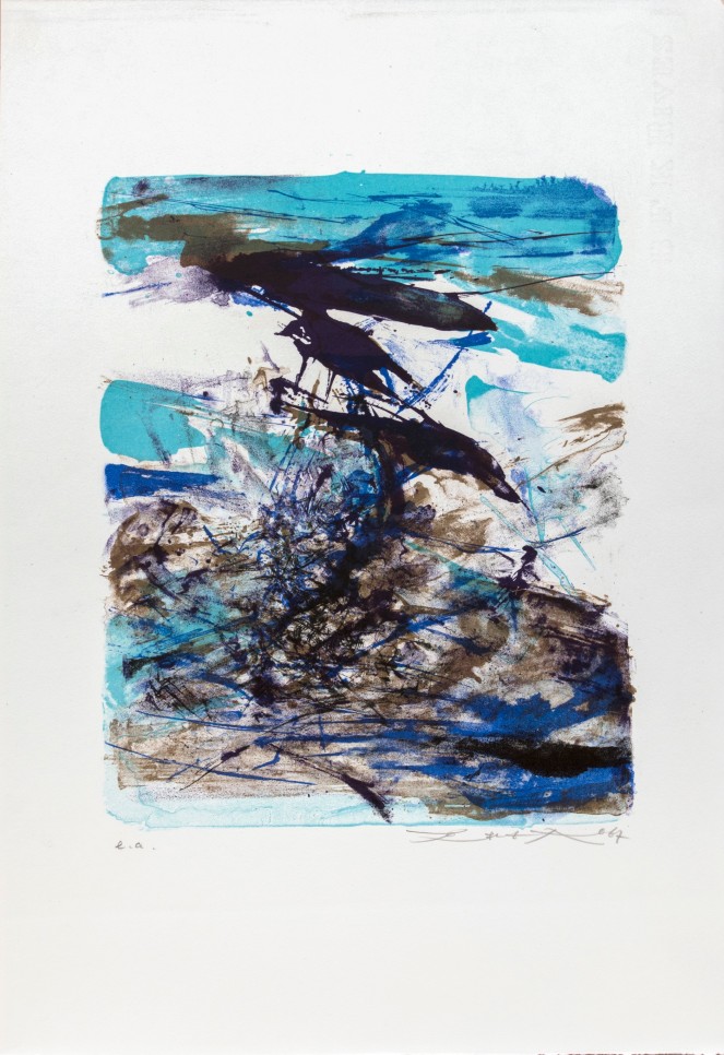 Zao Wou-Ki lithograph featuring an abstract composition using blues and brown