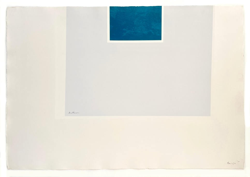 Screen print by Robert Motherwell of a blue rectangle within two larger white rectangles