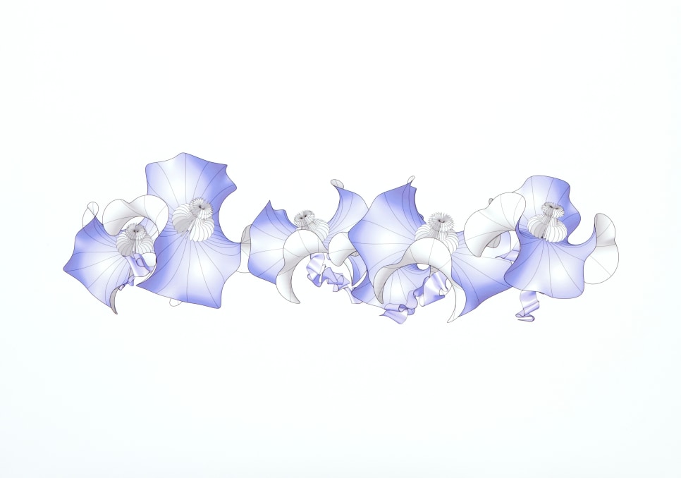 Digital inkjet print on paper showing white and blue abstract 3D shapes on a white background by Alice Aycock