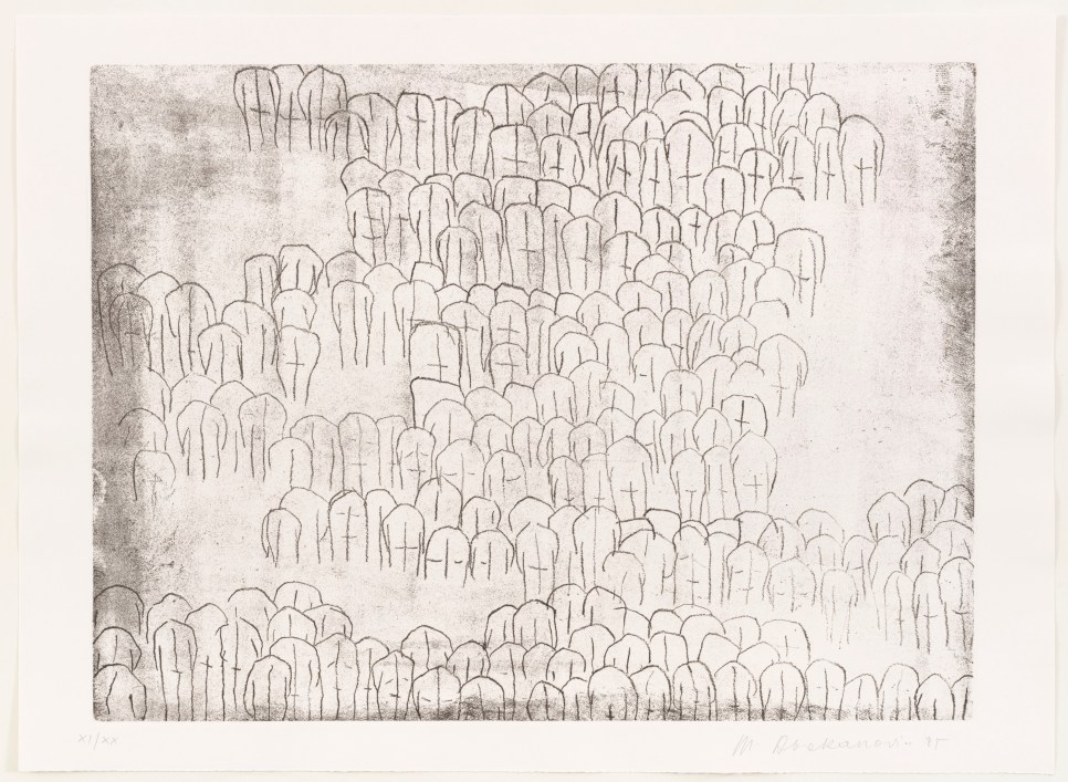 Magdalena Abakanowicz etching featuring a crowd of pointed corporeal shapes throughout