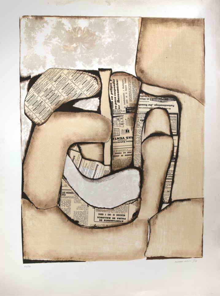 White canvas, fabrics, and newsprint burned into abstract shapes pasted onto a black background by Conrad Marca-Relli