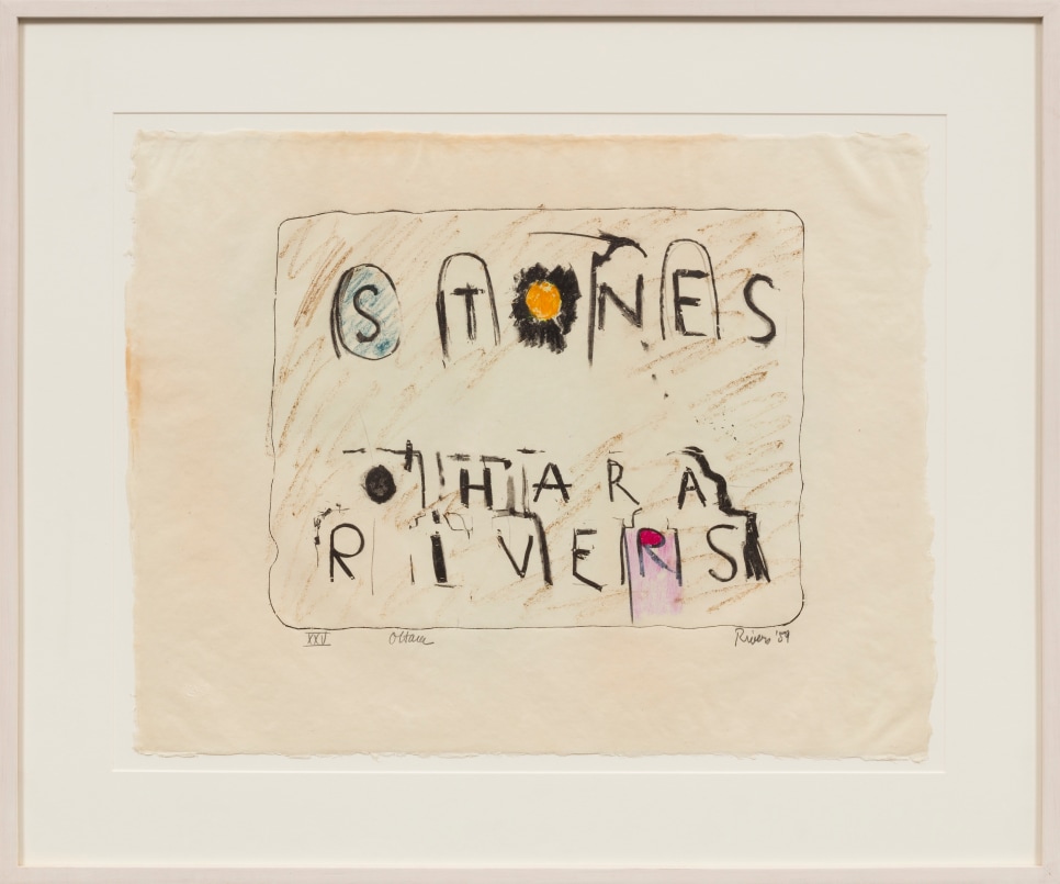 A hand-colored lithograph from a suite of 12 depicting the words "STONES OHARA RIVERS" on cream paper