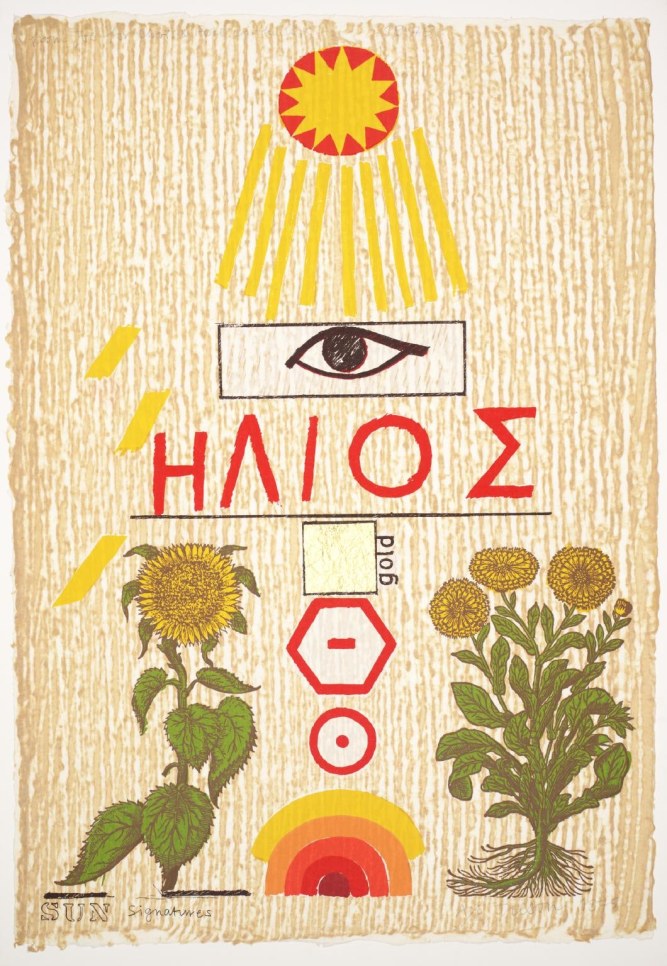 Screen print college of sun related symbols including sunflowers, an eye, and red text by Joe Tilson
