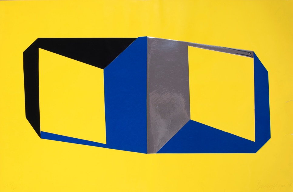 Beverly Pepper collage print featuring a yellow background with two blue and black cubes