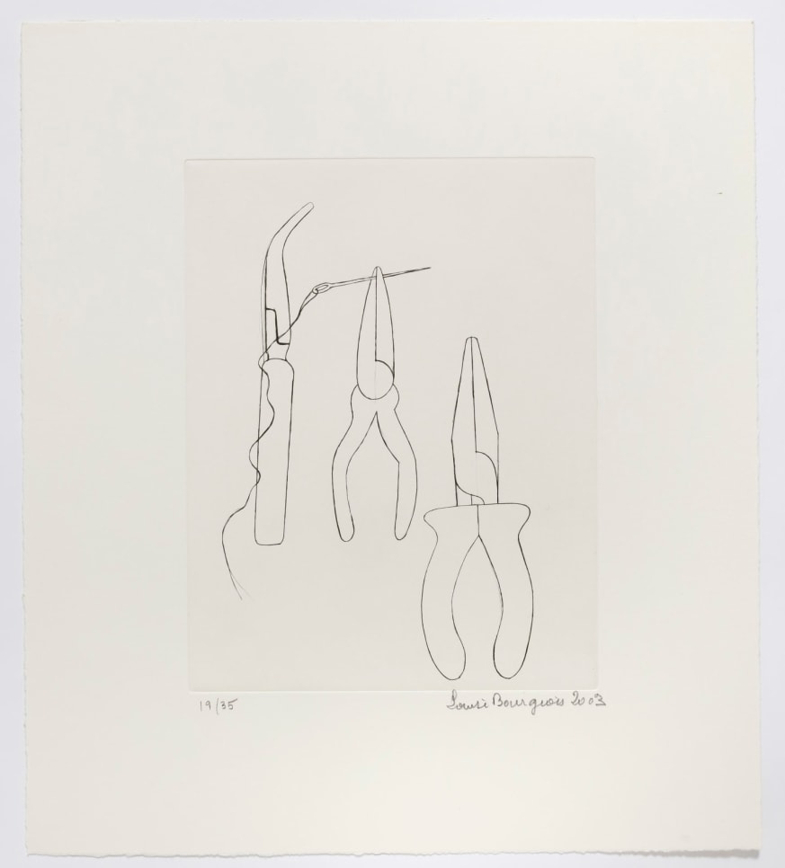 Drypoint of work tools, including tweezers and two pliers, one of which is pinching a needle with thread by Louise Bourgeois