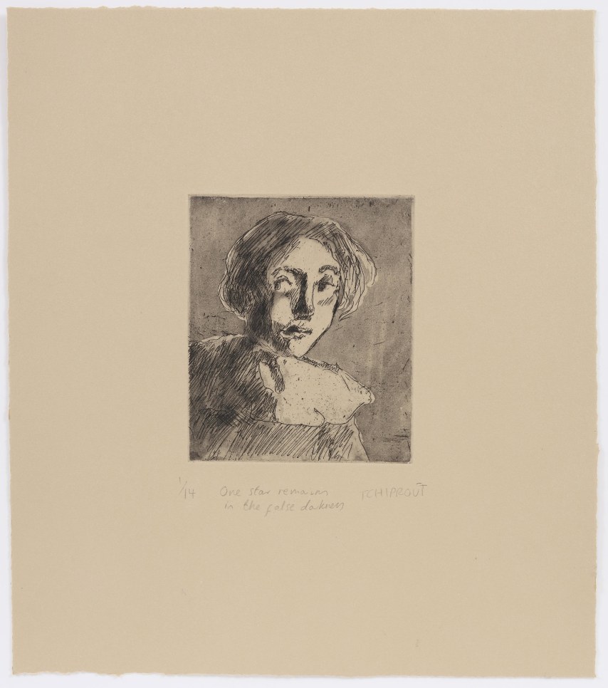 A Liorah Tchiprout etching, aquatint and spit-bite on BFK rives paper in 'tan' depicting the face and upper body of a woman