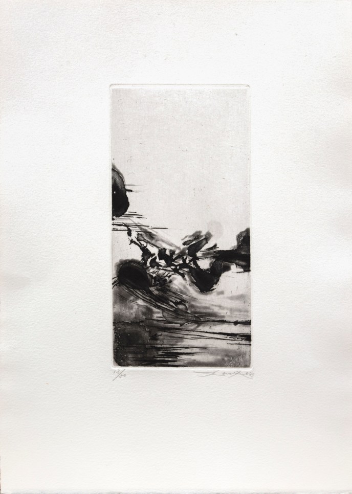 Zao Wou-Ki etching and aquatint print by Zao Wou-Ki featuring black abstract markings on the lower half of the narrow rectangular plate