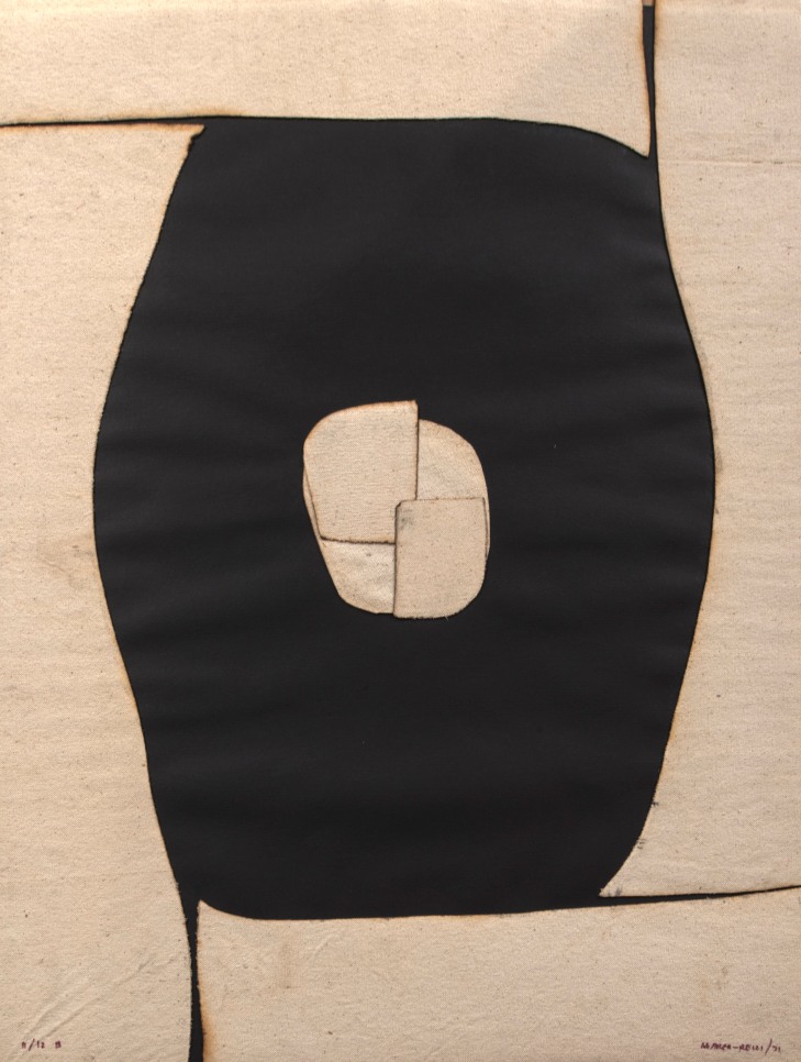 Raw cotton canvas burned into abstract shapes with small overlapping pieces making a circle at the centre pasted onto a black background by Conrad Marca-Relli