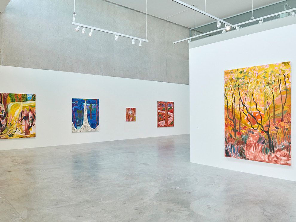 Installation view of five colorful paintings by Shara Hughes