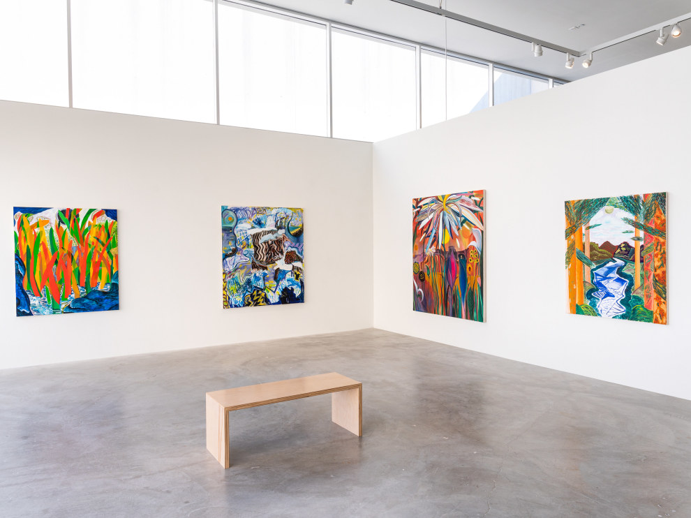 Installation view of Shara Hughes paintings exhibition