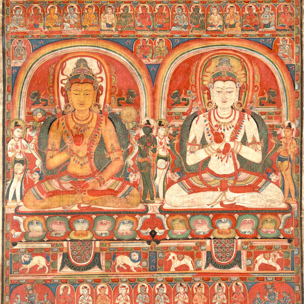 This rare Tibetan thangka is from a set of at least two paintings depicting the Four Transcendent Lords of the Bon religion