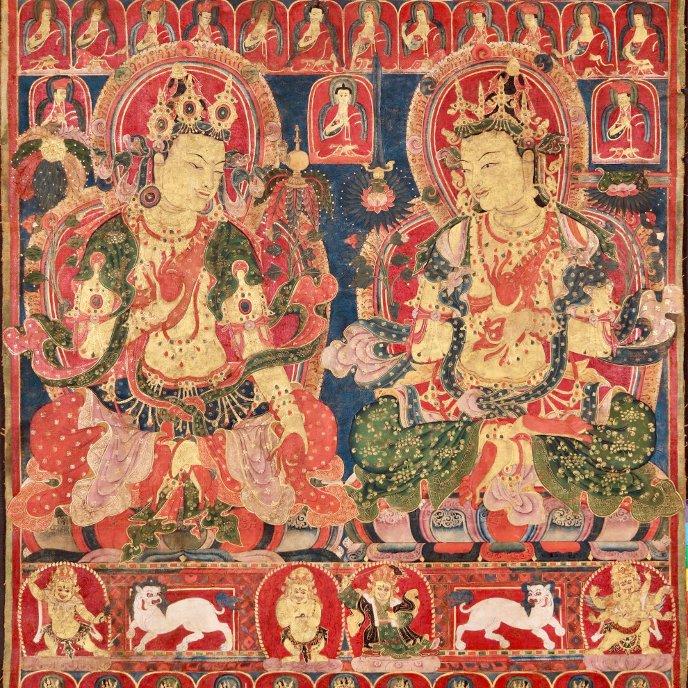 This fine and rare fourteenth or early fifteenth-century thangka upholds the Tibetan tradition established by Atisha of depicting Maitreya and Manjushri in discourse.