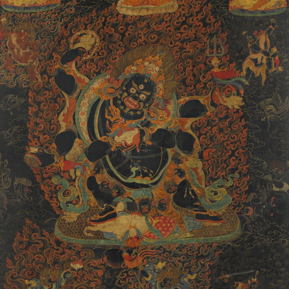Tibetan painting of six-armed Mahakala looking ferocious