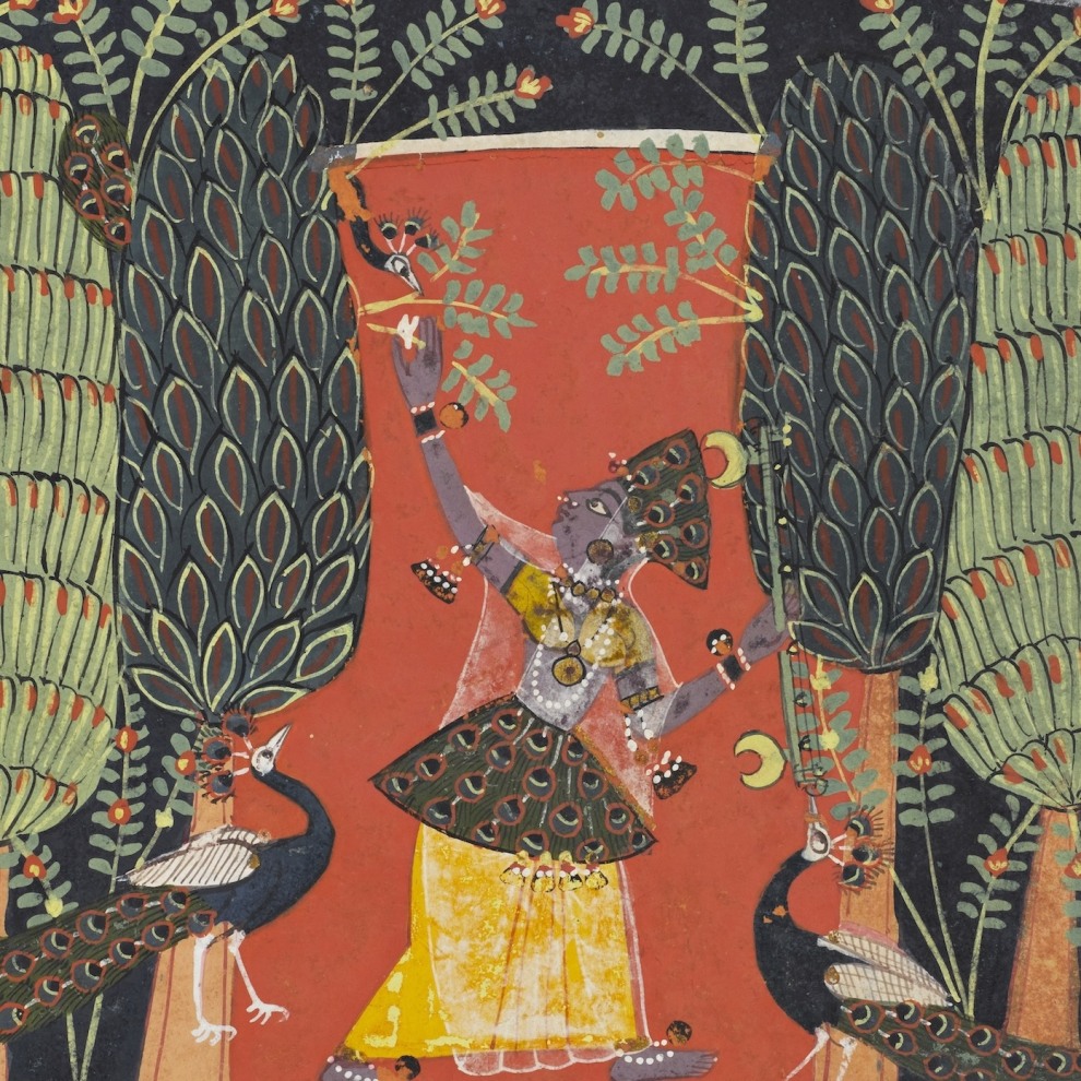 A blue-skinned lady is walking through the forest at night holding a vina in her hand and reaches up to pluck a mango blossom from the tree behind her