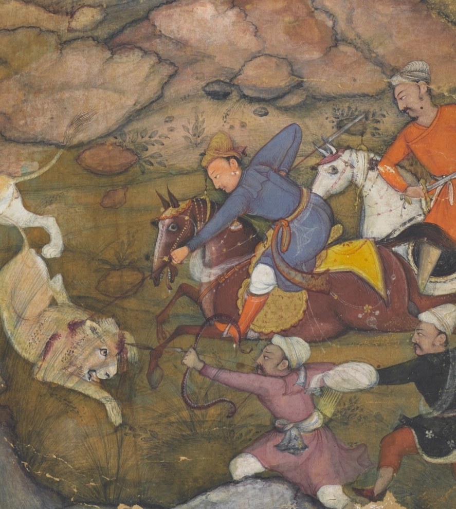 A LION HUNT Attributed to Muhammad Sharif, Mughal, 1600-1605   