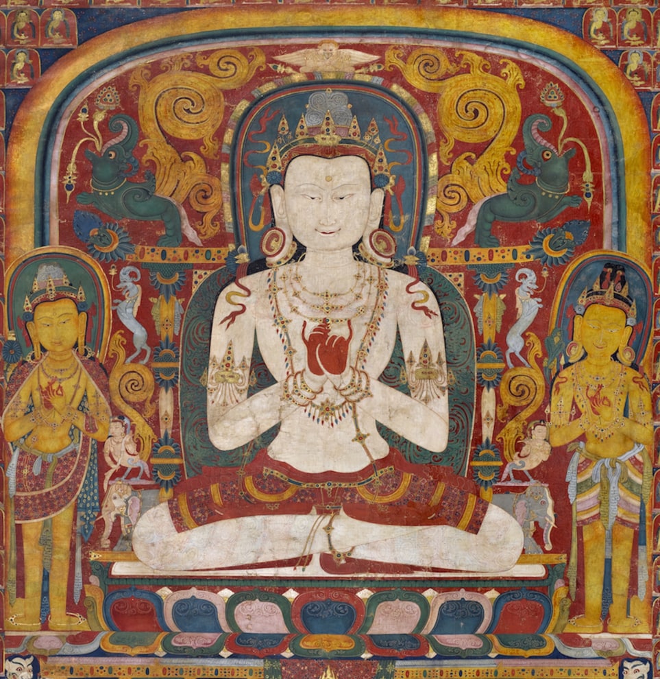 his superbly-painted thangka depicts Vairocana seated in the gesture of Supreme Wisdom