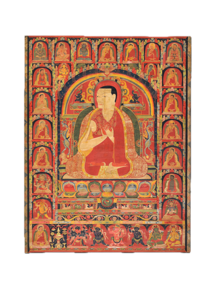 This thangka depicts as its main subject the ninth master in the Taklung lineage, Kuyalwa.