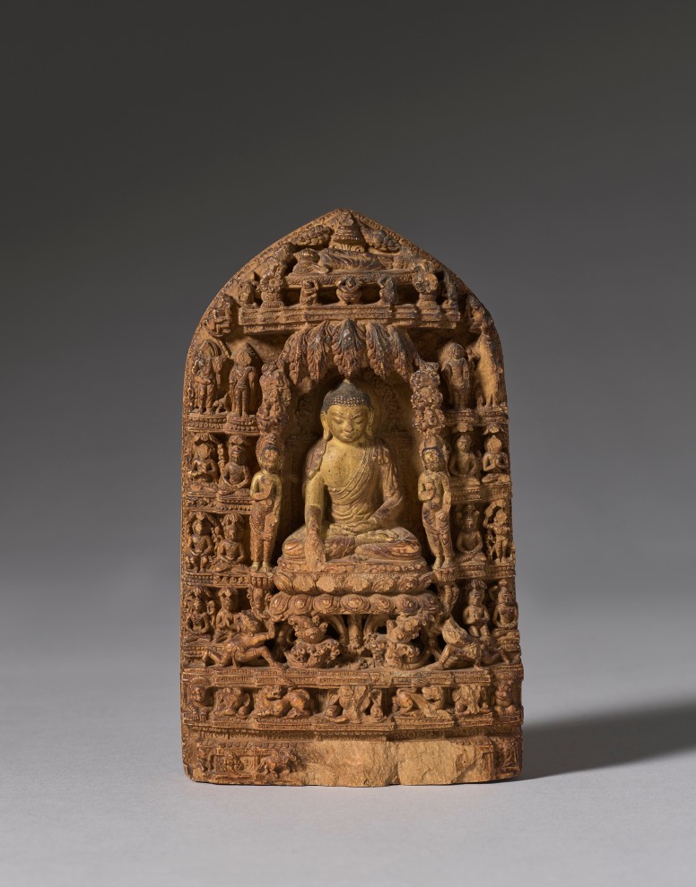 The central figure on this stele depicts the pivotal moment when Buddha triumphed over Mara, just before attaining enlightenment. 