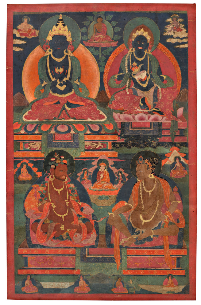 This painting depicts the progenitors of the Lamdre esoteric teachings that are the core instructions of the Sakya order of Tibetan Buddhism