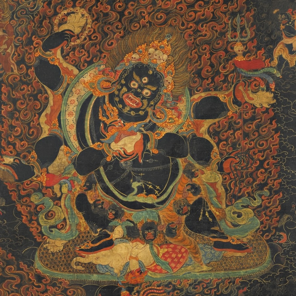 Tibetan painting of six-armed Mahakala looking ferocious