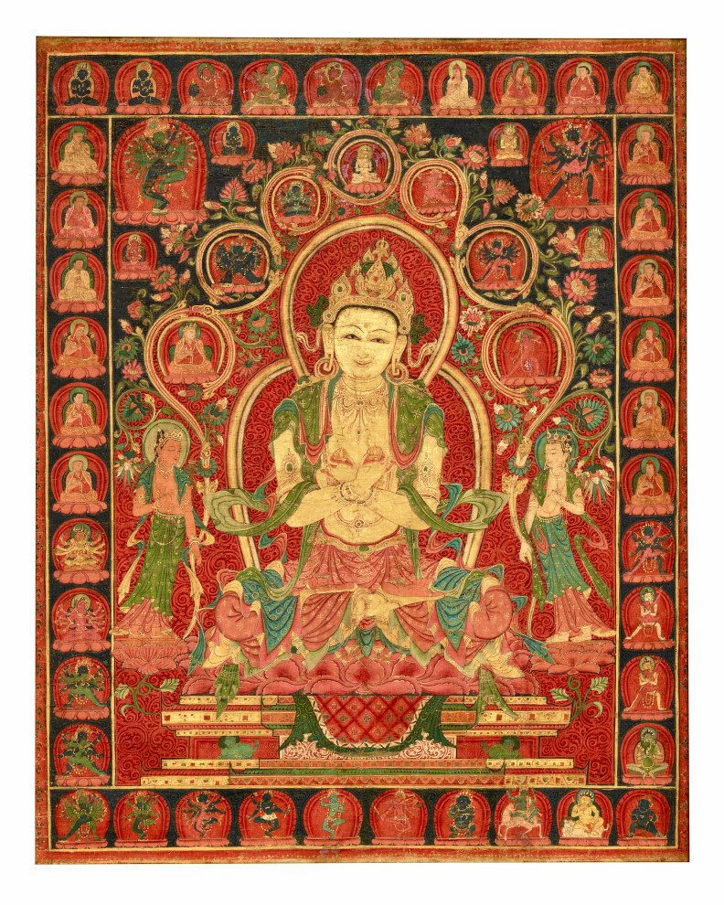 This vibrant Tibetan thangka depicts Vajradhara, the primordial Buddha and supreme embodiment of the Vajrayana Buddhist teachings.