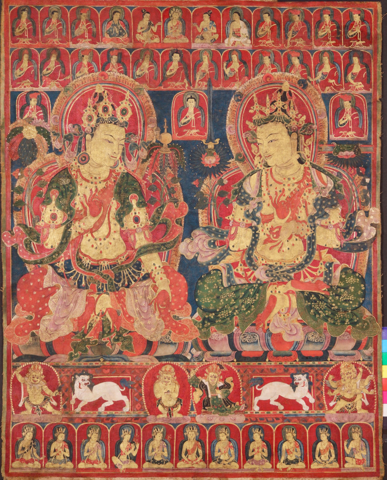 This fine and rare fourteenth or early fifteenth-century thangka upholds the Tibetan tradition established by Atisha of depicting Maitreya and Manjushri in discourse. 
