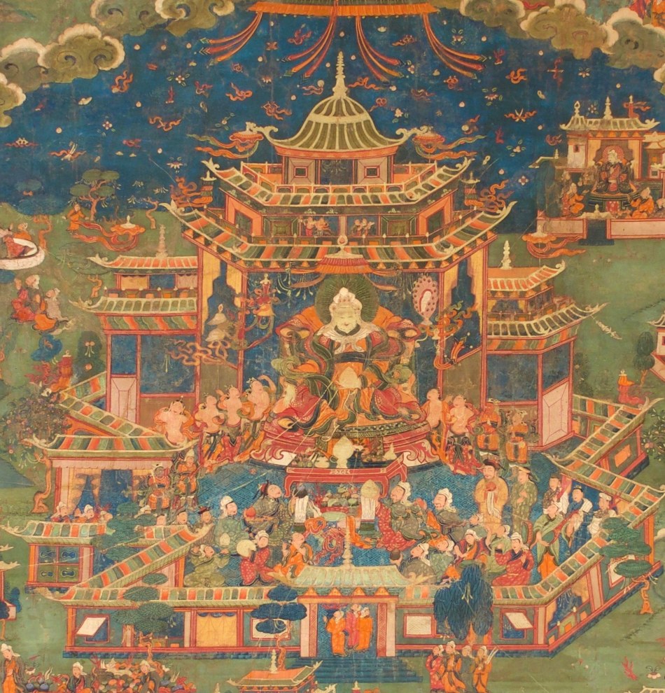 This monumental thangka depicts scenes from the life of the Tibetan Dharma King (Tib. chögyal) Tri Ralpachen (r. 815-838), depicted at center enthroned in a palace holding a golden jewel and dressed in traditional early-Tibetan regal attire