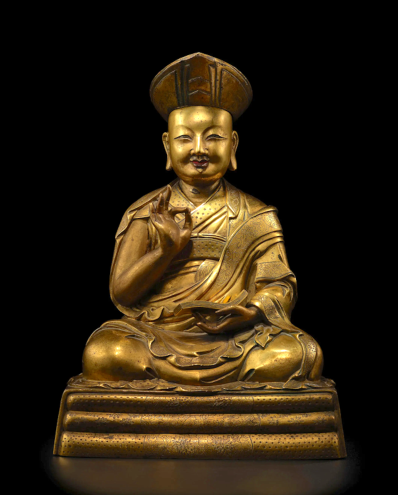 Depicted in this large cast sculpture is Rolpai Dorje (1717-86), the principal authority of Tibetan Buddhism at the Chinese court for half a century during the reign of the Qianlong Emperor